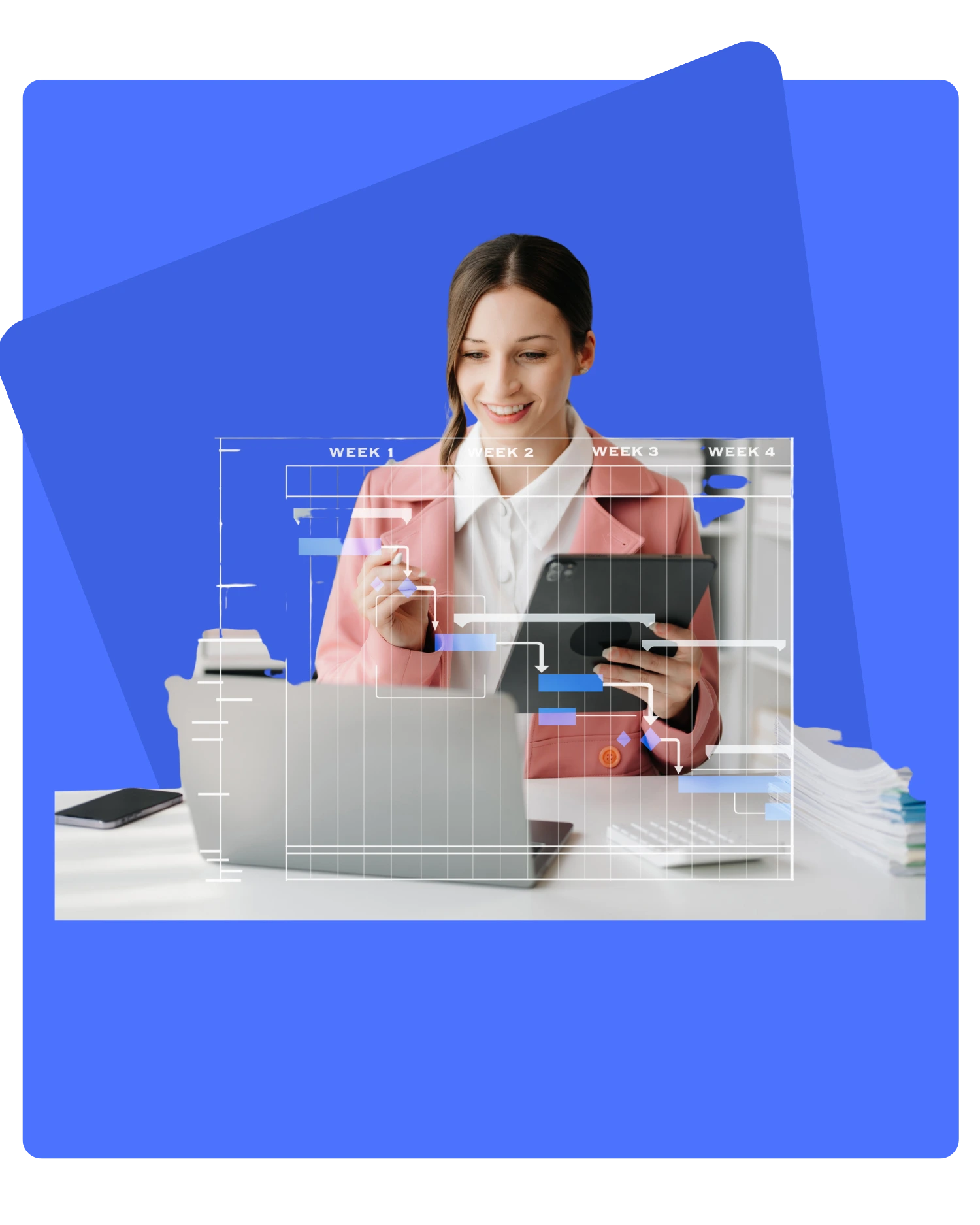 Çerez Yönetimi - Business woman planning weekly schedule with analytical charts overlay