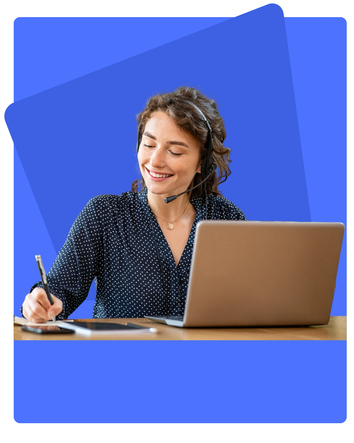 Professional woman with headset working on laptop for quick setup